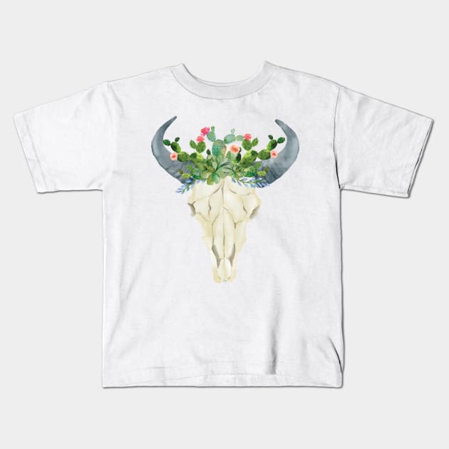 Bull skull with cacti crown - hand painted watercolor Kids T-Shirt by SouthPrints